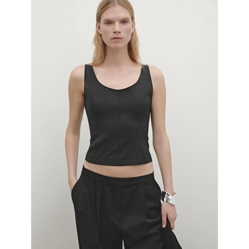 Massimo Dutti Womens Top S Small Tank Gray Stretch Seam Details 5118/818 NWT